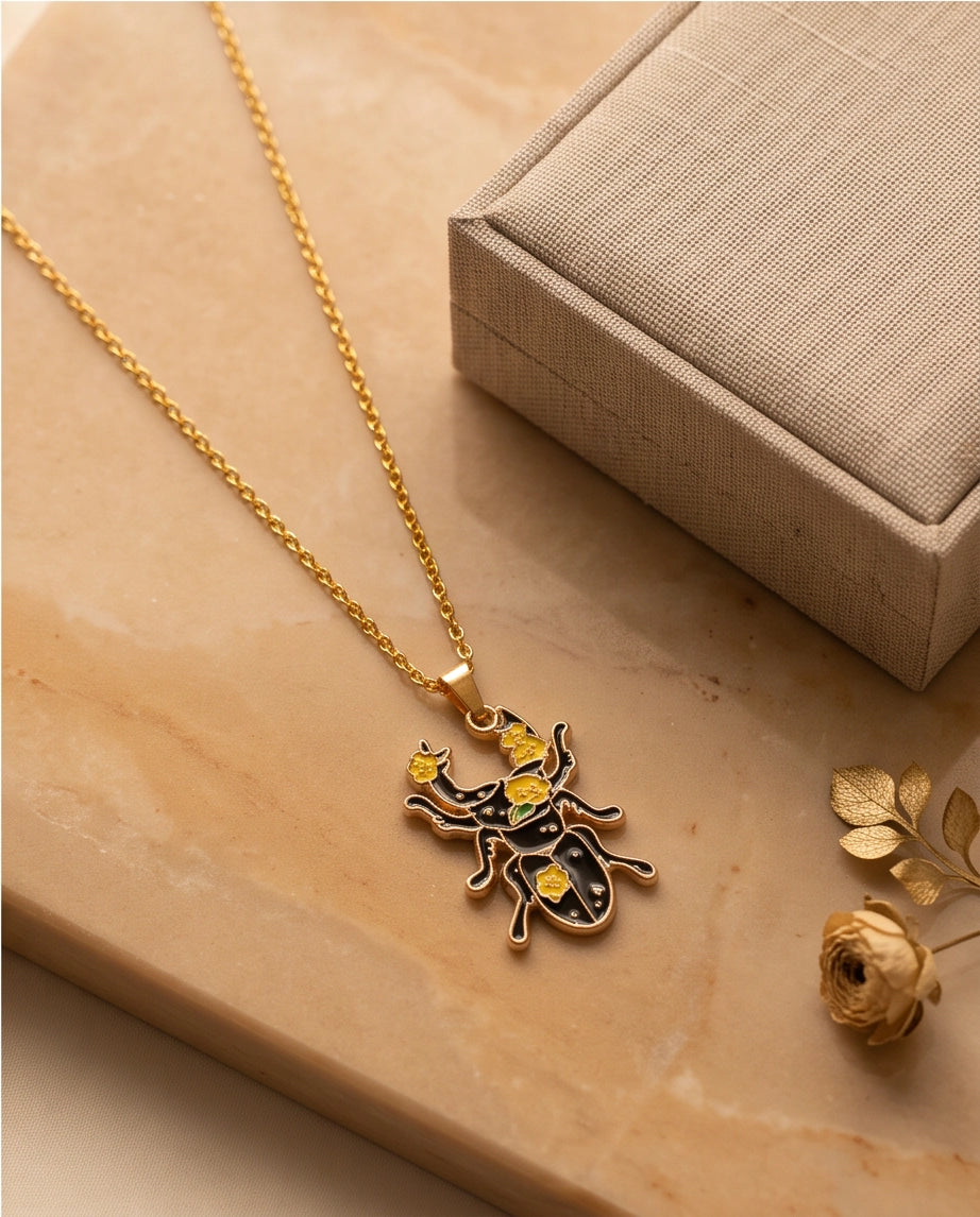Gold Floral Stag Beetle Enamel Chain Necklace