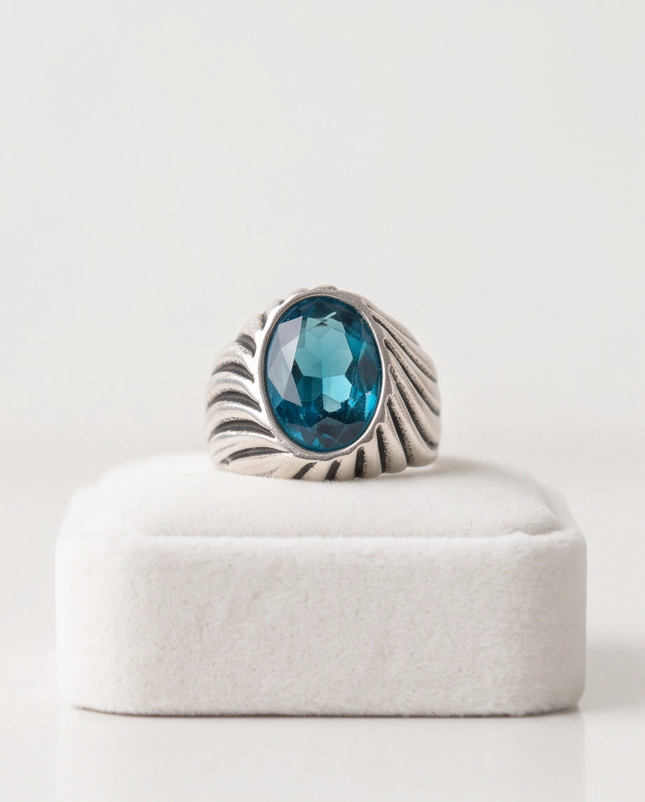 Teal Oval-Cut Gemstone Fluted Cable-Texture Silver Ring