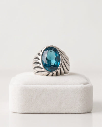 Teal Oval-Cut Gemstone Fluted Cable-Texture Silver Ring