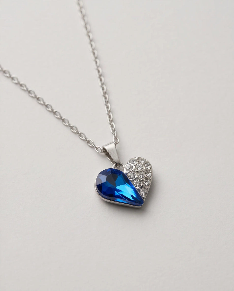 Silver Sapphire Heart Pavé Pendant Necklace