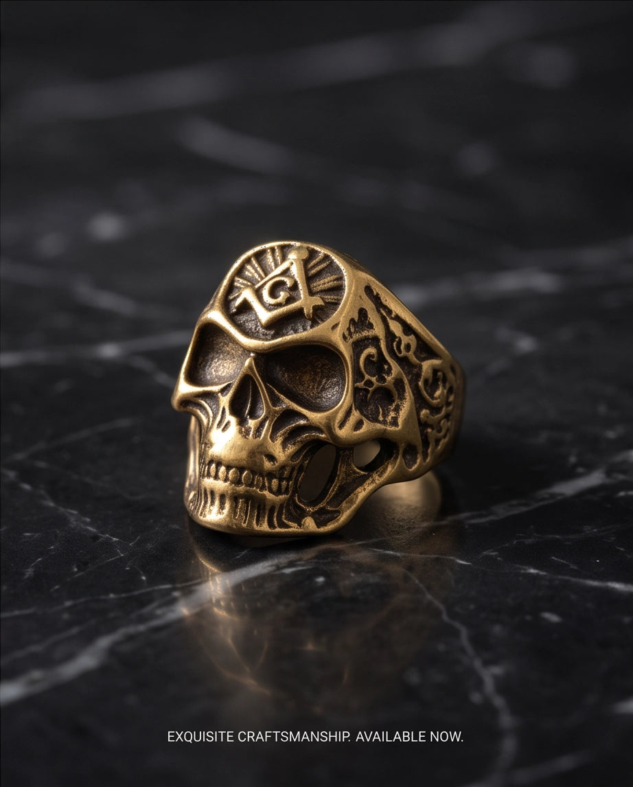 Masonic Square and Compass Anatomical Skull Gold Ring