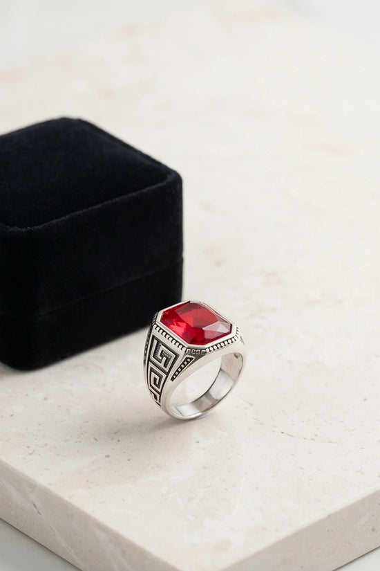 Vintage Greek Key Ruby Red Gemstone Ring