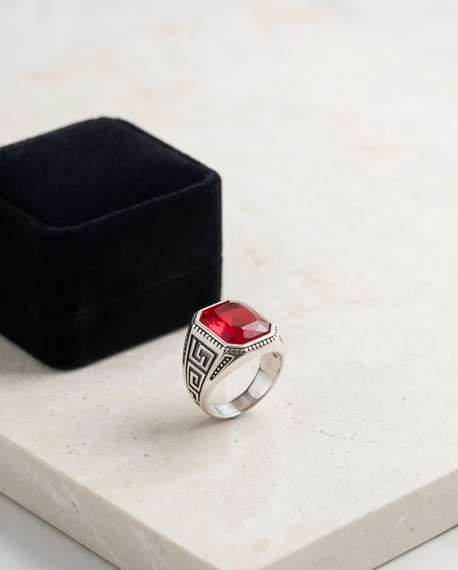 Vintage Greek Key Ruby Red Gemstone Ring