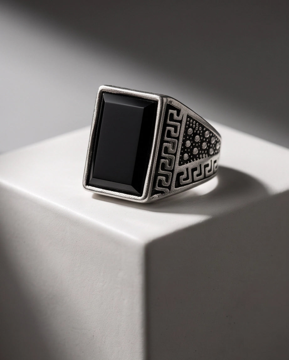 Onyx Gemstone Rectangular Flat-Top Greek Key Silver Ring