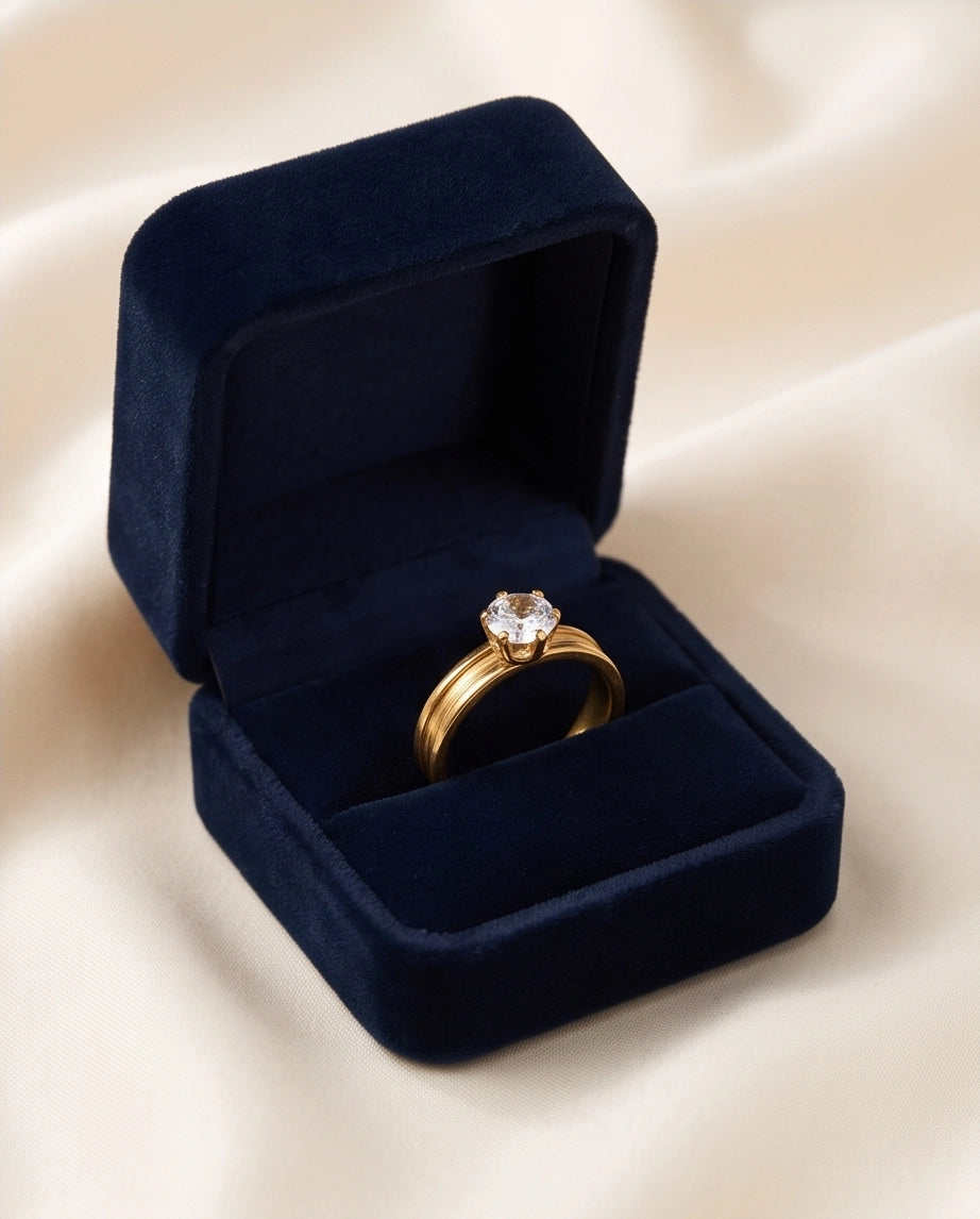 Gold Round Gemstone Grooved Solitaire Ring