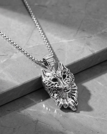 Silver Sculpted Wolf Head Pendant Necklace