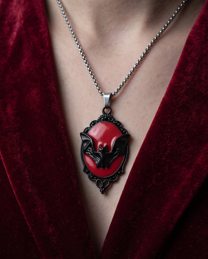 Black Gothic Bat Red Enamel Medallion Chain Necklace