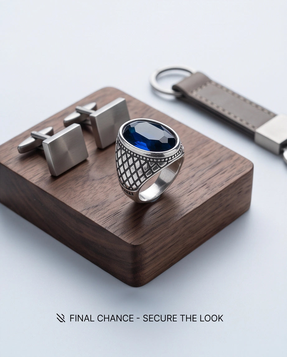 Sapphire Gemstone Beaded Frame Crosshatch Mesh Silver Ring
