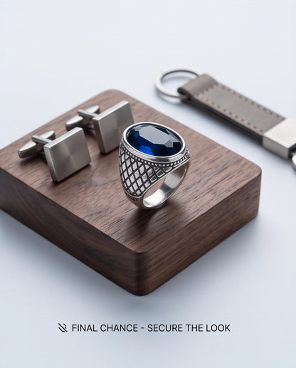 Sapphire Gemstone Beaded Frame Crosshatch Mesh Silver Ring