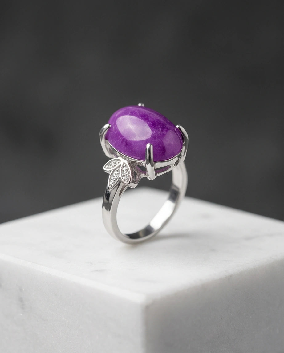 "Ethereal Purple Jade Leaf Statement Ring"