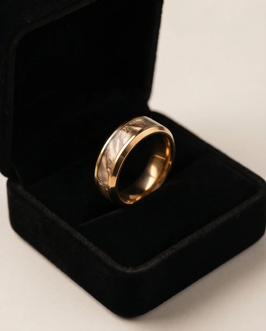 Gold Camouflage Textured Band Ring