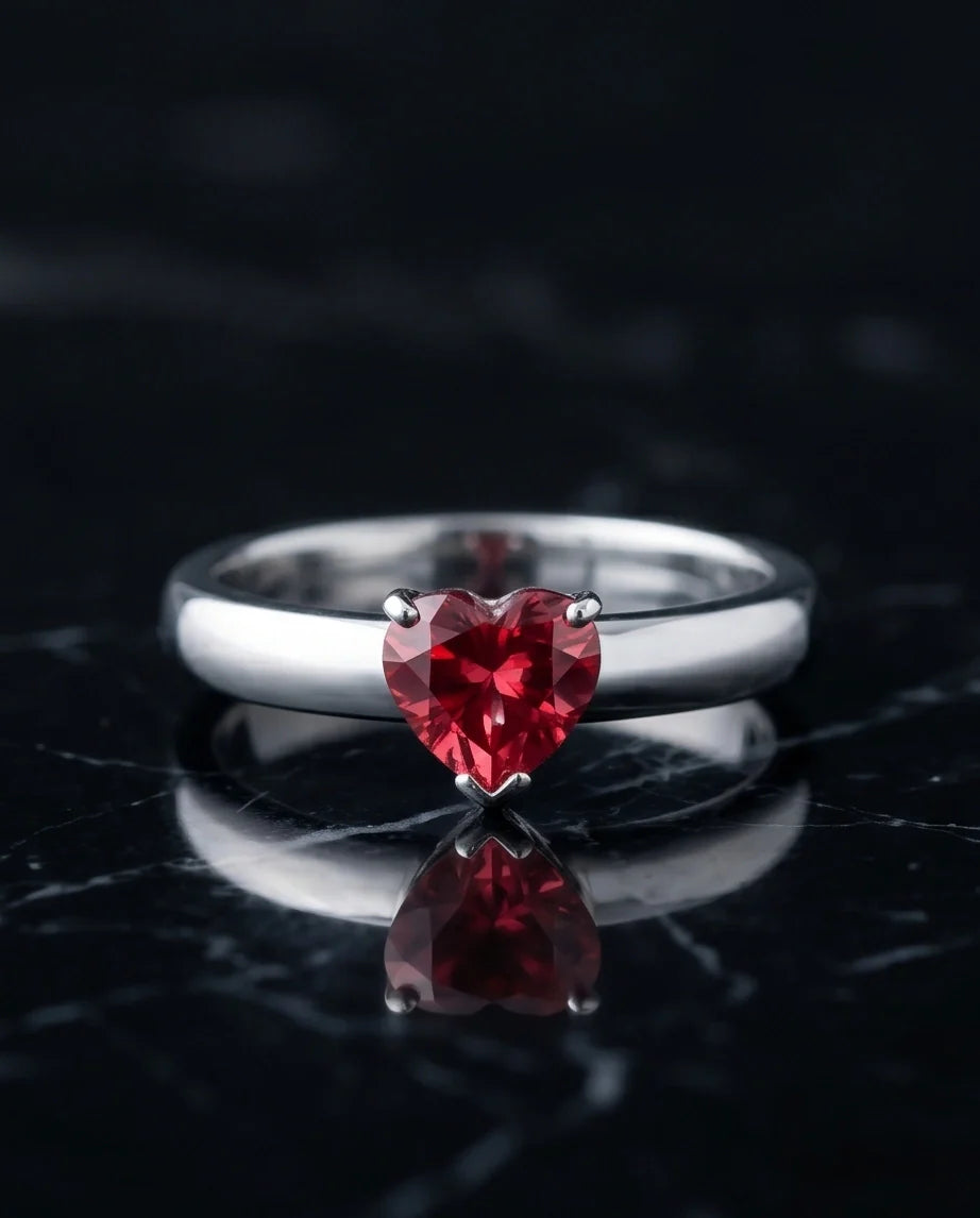 Sterling Silver Heart-Cut Crimson Ruby Solitaire Ring