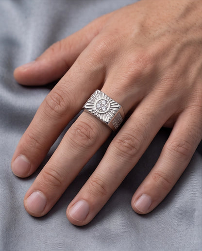 Celestial Sunburst Triple-Crystal Stippled Band Silver Ring