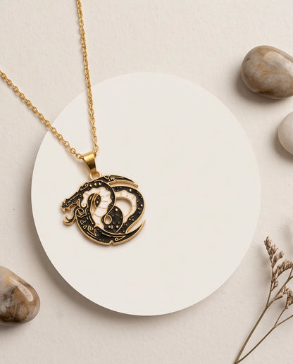 Gold Coiled Dragon Black & White Enamel Pendant Necklace