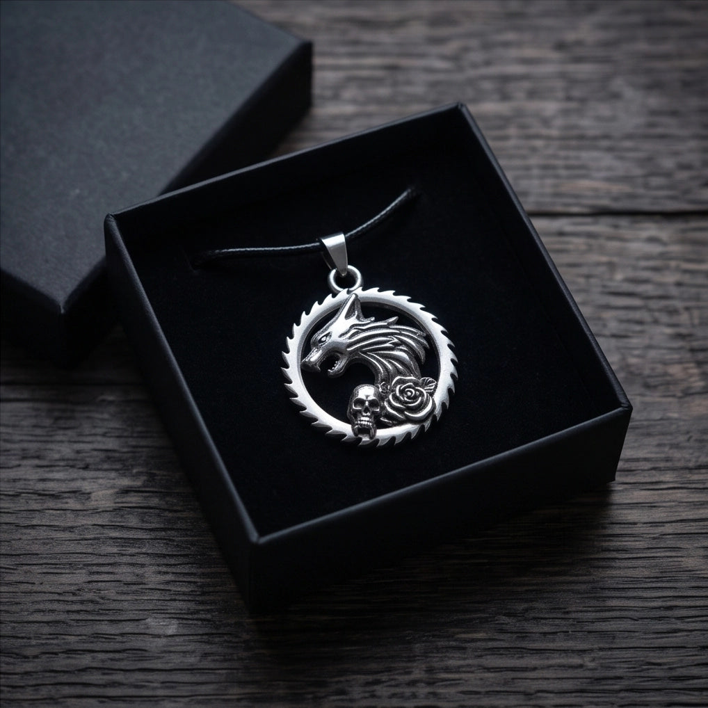 Silver Wolf and Skull Medallion Cord Necklace