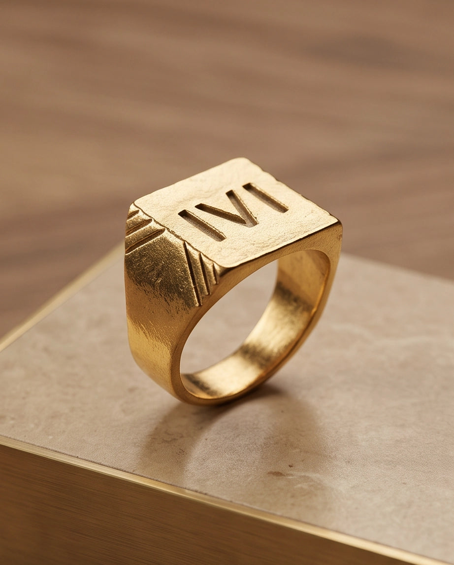 Roman Numeral Engraved Gold Signet Ring