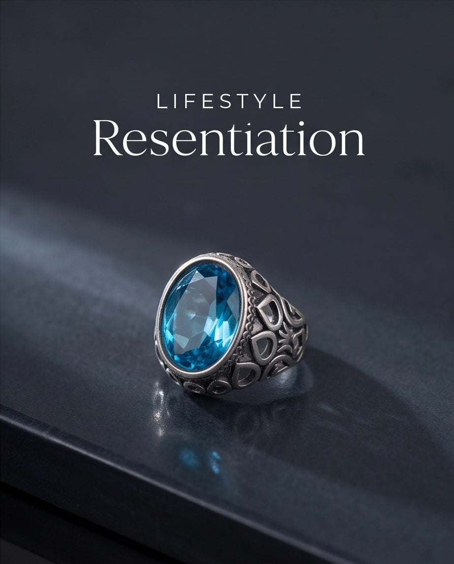 Aquamarine Oval-Cut Gemstone Openwork Scroll Silver Ring
