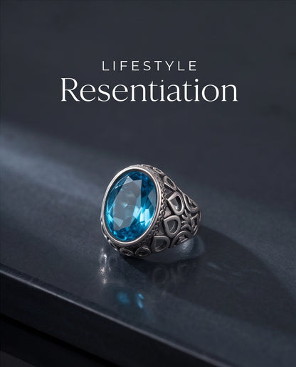 Aquamarine Oval-Cut Gemstone Openwork Scroll Silver Ring