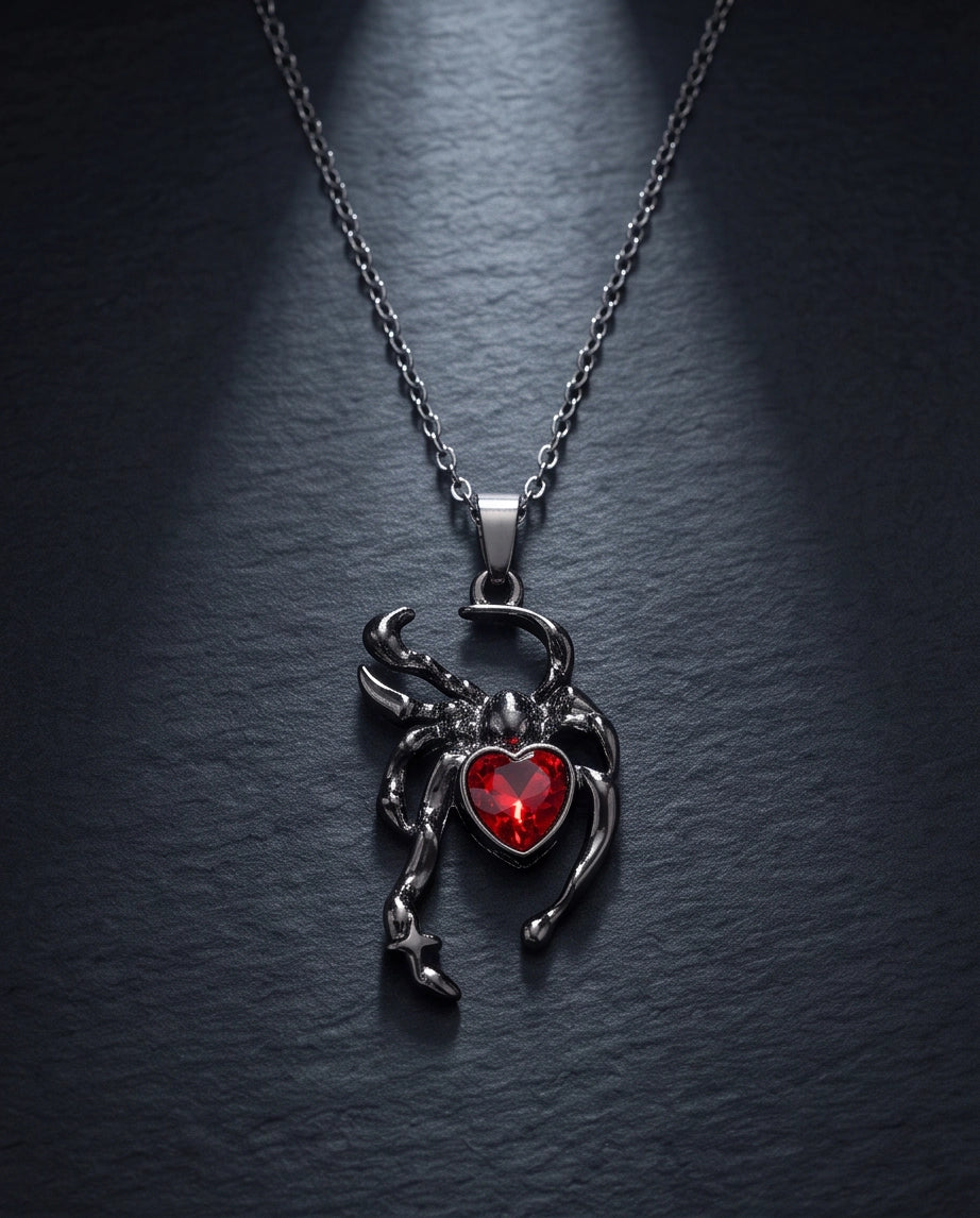 Black Spider Red Heart Crystal Gem Pendant Necklace