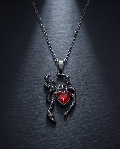 Black Spider Red Heart Crystal Gem Pendant Necklace