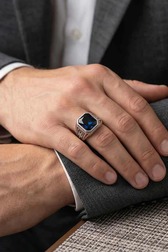 Vintage Greek Key Deep Blue Gemstone Ring