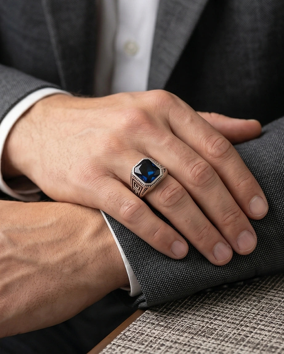 Vintage Greek Key Deep Blue Gemstone Ring