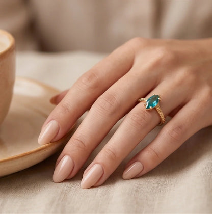 Vintage Gold Marquise London Blue Topaz Chevron Ring
