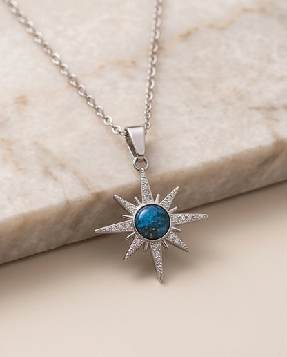 Silver Crystal Paved North Star Cosmic Orb Pendant Necklace