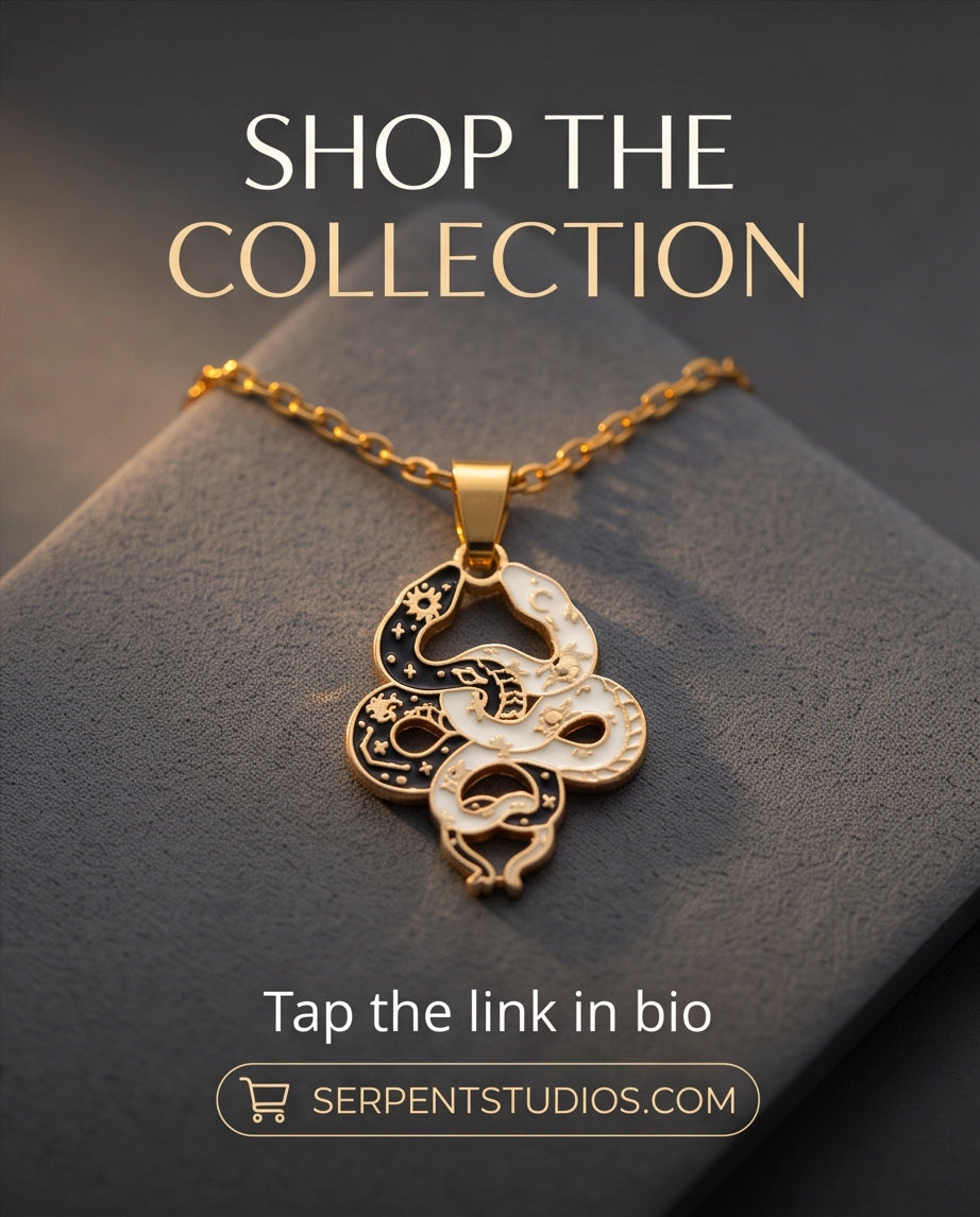 Gold Dual Serpent Celestial Enamel Pendant Necklace