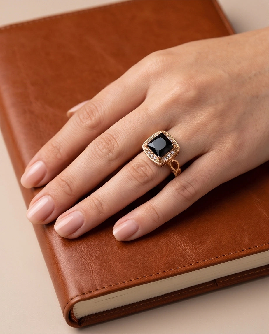 Black Onyx Cushion Halo Gold Ring
