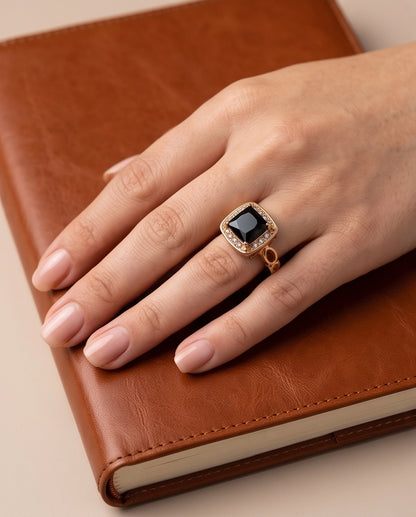 Black Onyx Cushion Halo Gold Ring