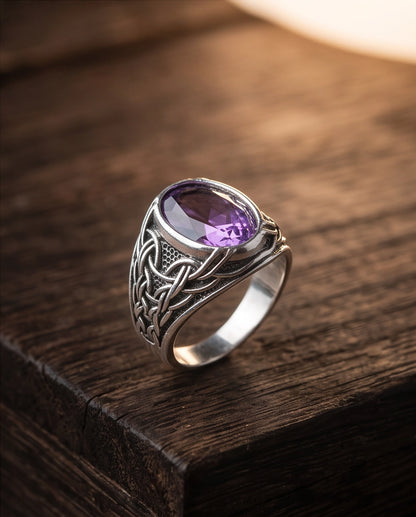Amethyst Gemstone Celtic Knotwork Silver Ring