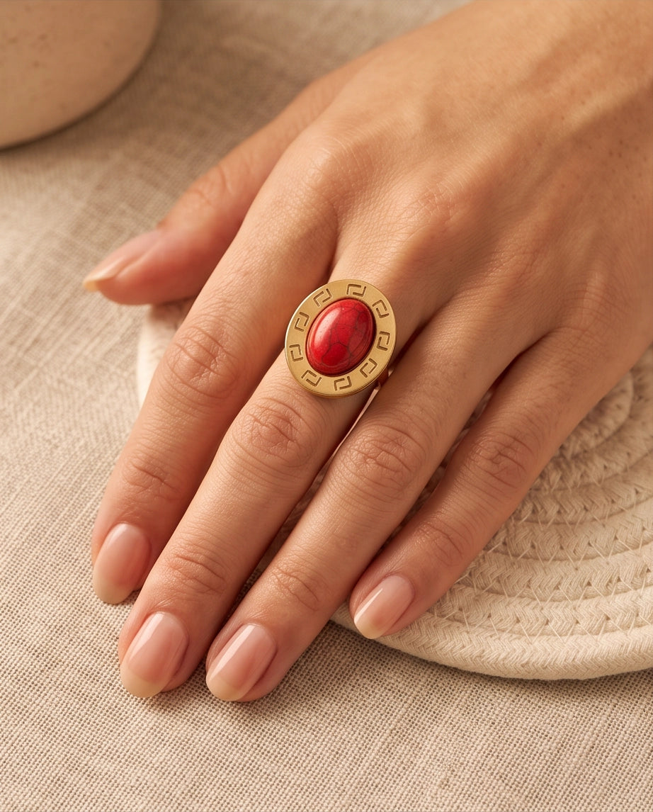Solstice Greek Key Crimson Cabochon Ring