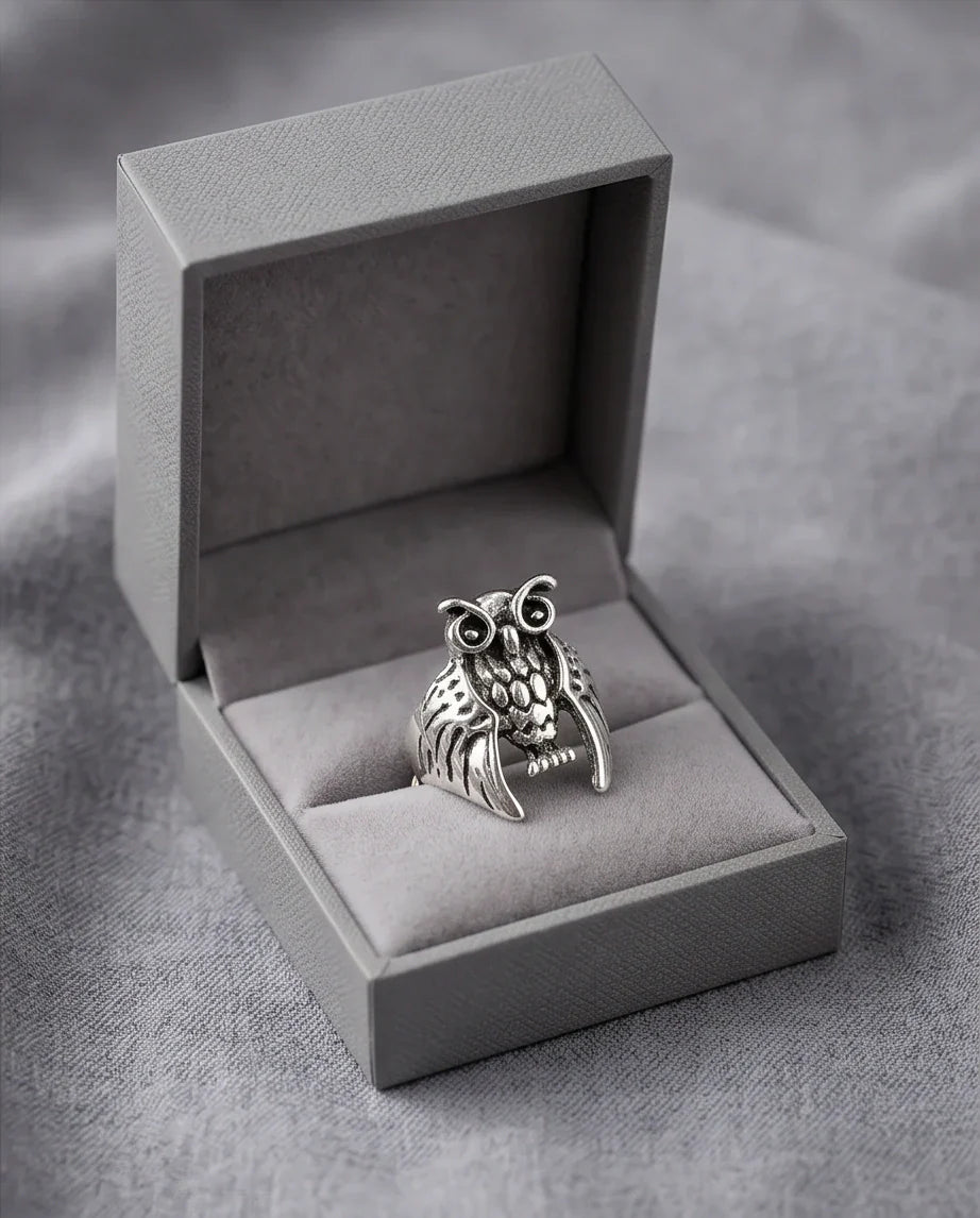 Vintage Silver Oxidized Owl Wisdom Statement Ring
