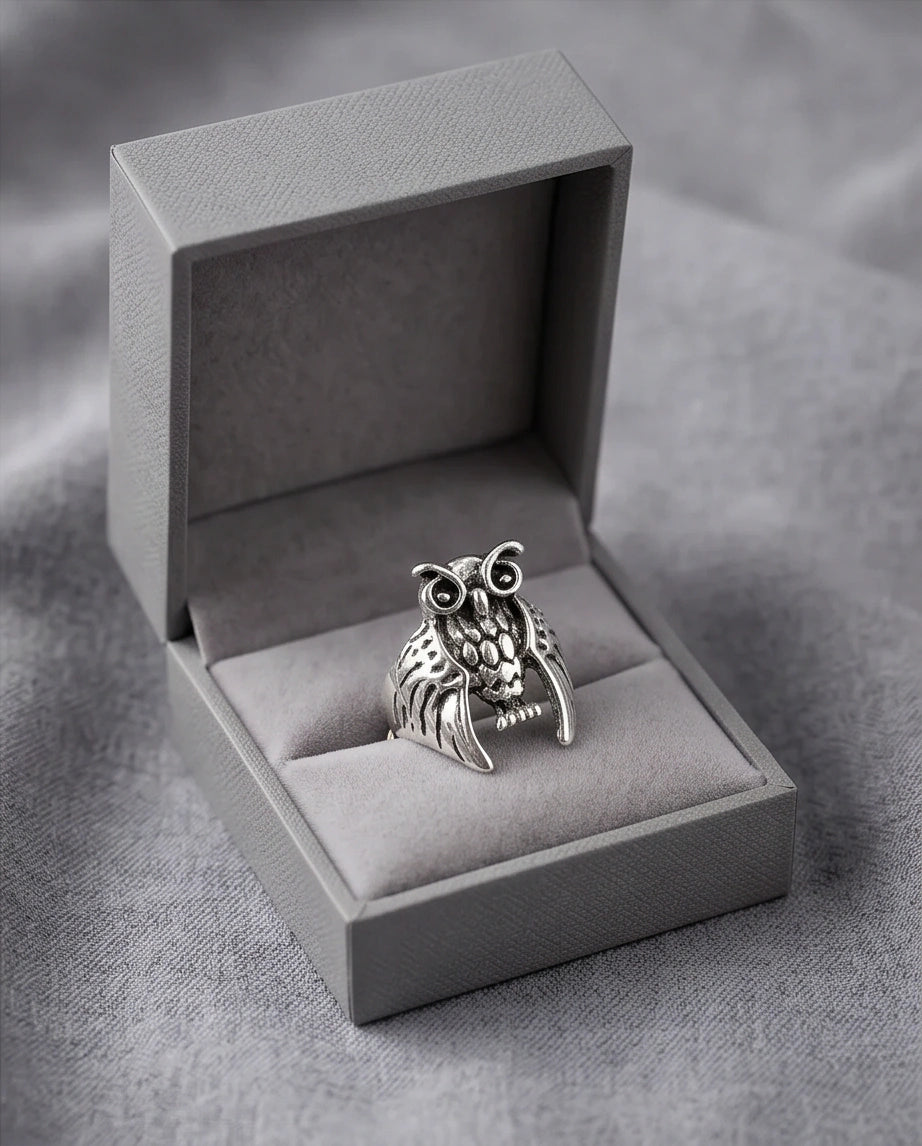 Vintage Silver Oxidized Owl Wisdom Statement Ring