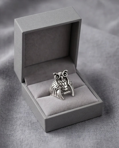 Vintage Silver Oxidized Owl Wisdom Statement Ring