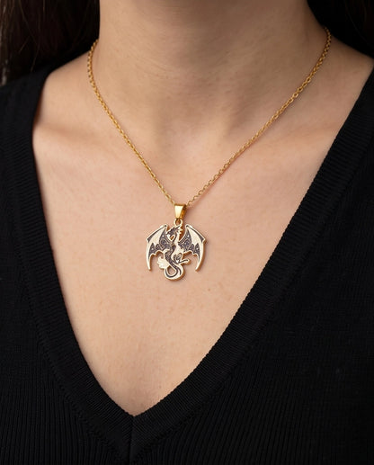 Gold Celestial Dragon Black & White Enamel Pendant Necklace