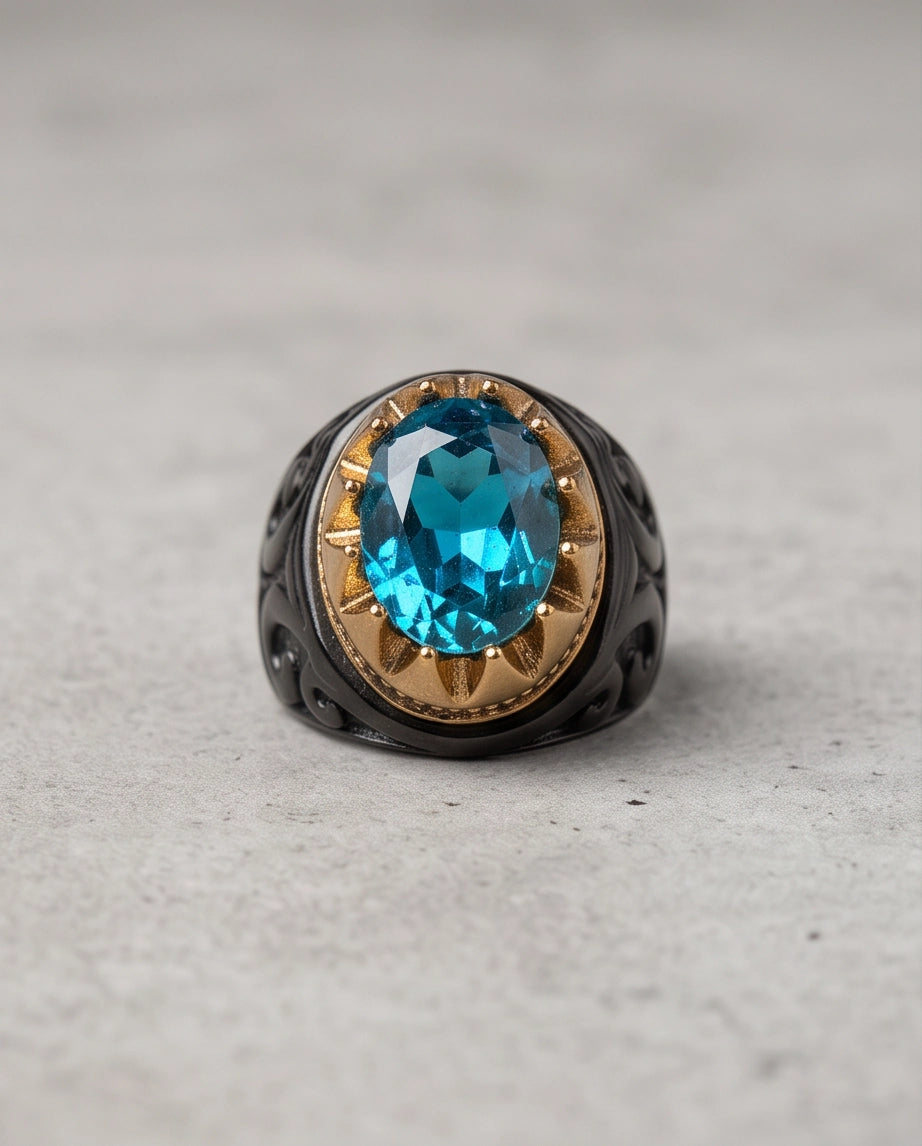 Celestial Aquamarine Sunburst Signet Ring