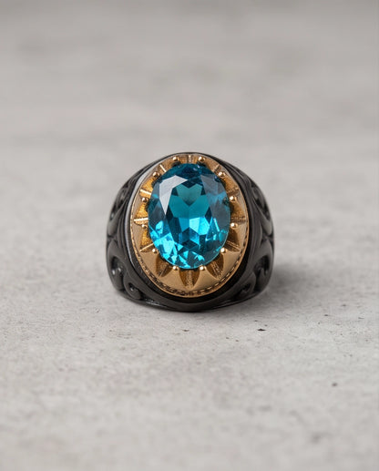 Celestial Aquamarine Sunburst Signet Ring