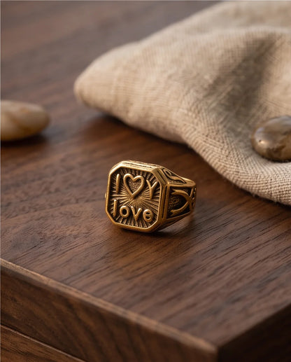 Sunburst "I Love" Gold Signet Ring