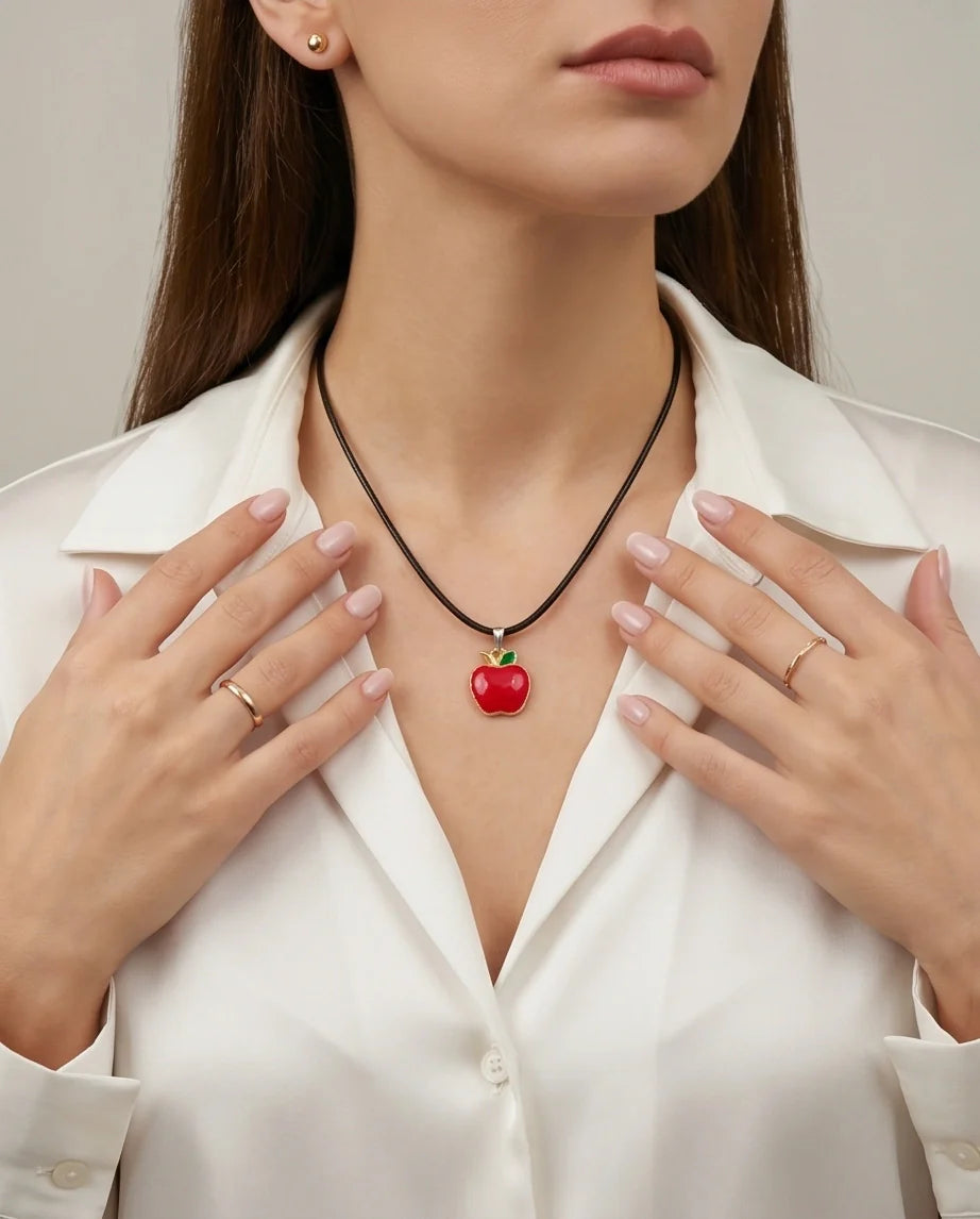 Gold and Red Apple Pendant Necklace