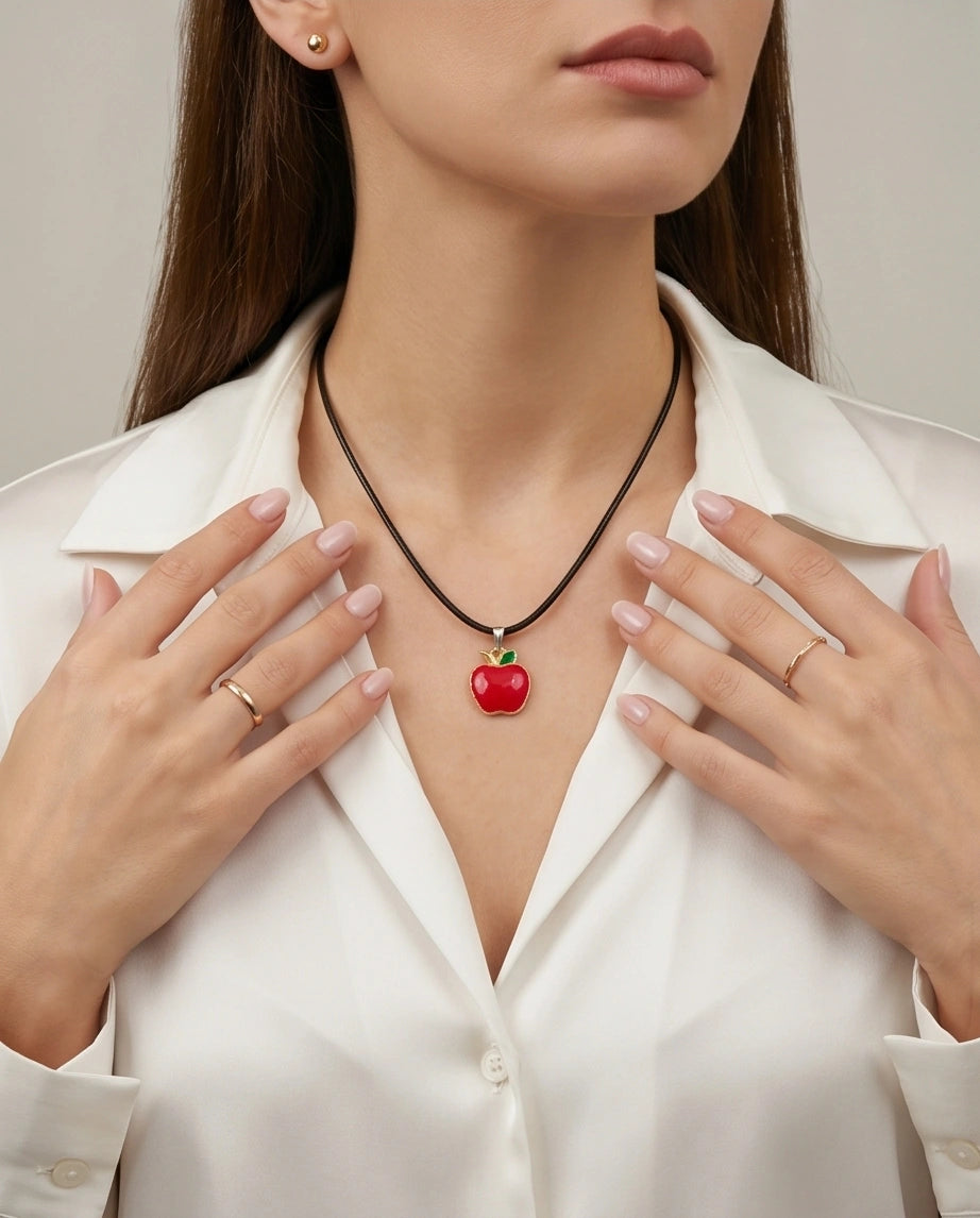 Gold and Red Apple Pendant Necklace