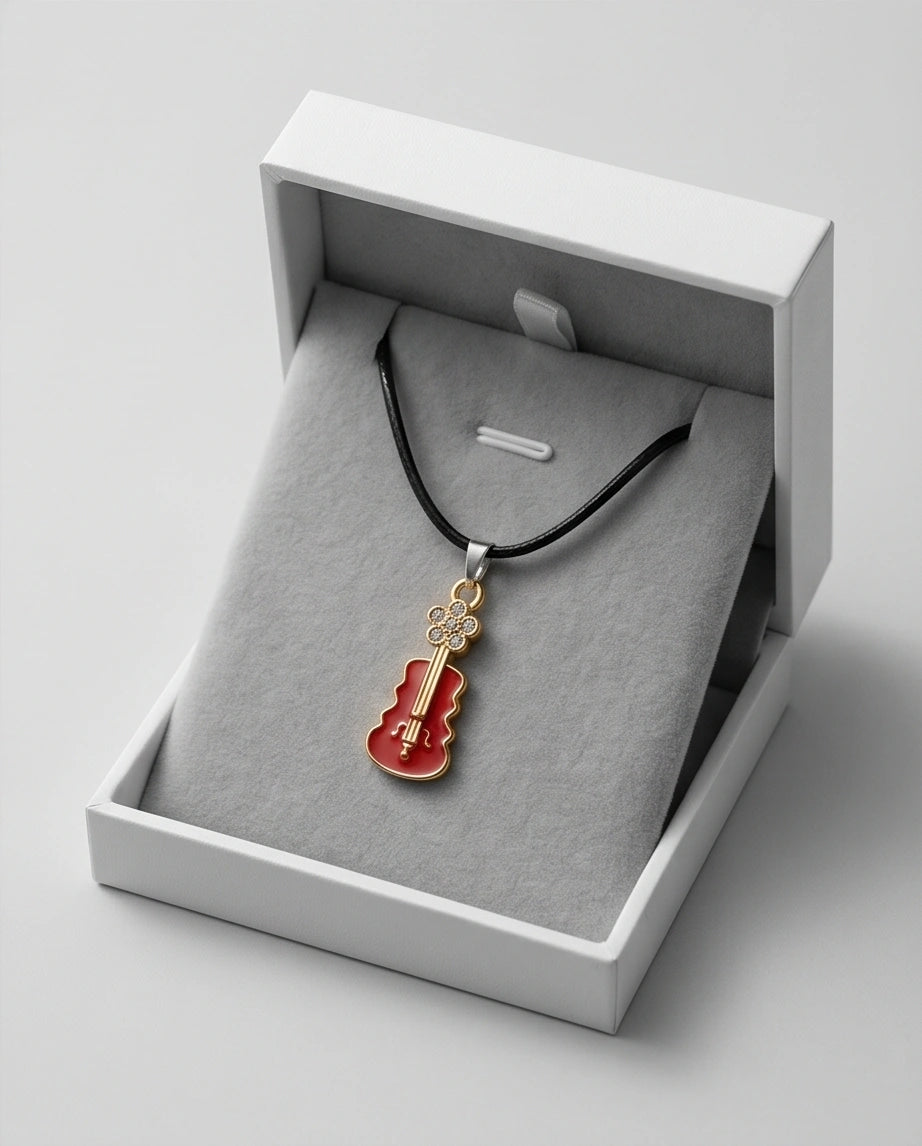 Gold and Red Enamel Violin Necklace