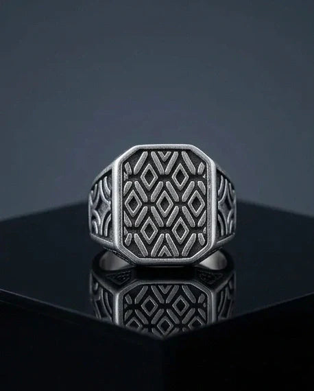 Vintage Sterling Silver Geometric Diamond Lattice Signet Ring