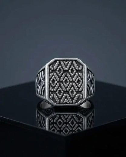 Vintage Sterling Silver Geometric Diamond Lattice Signet Ring