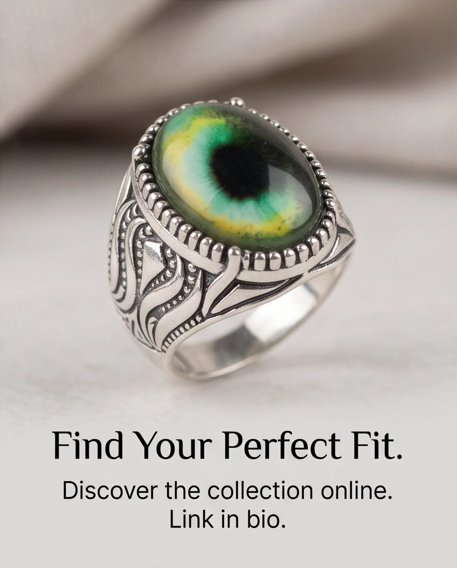Emerald-Yellow Cat-Eye Cabochon Ornate Scrollwork Silver Ring