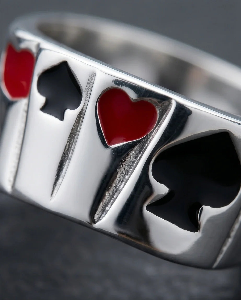 Sterling Silver Poker Card Suits Signet Ring