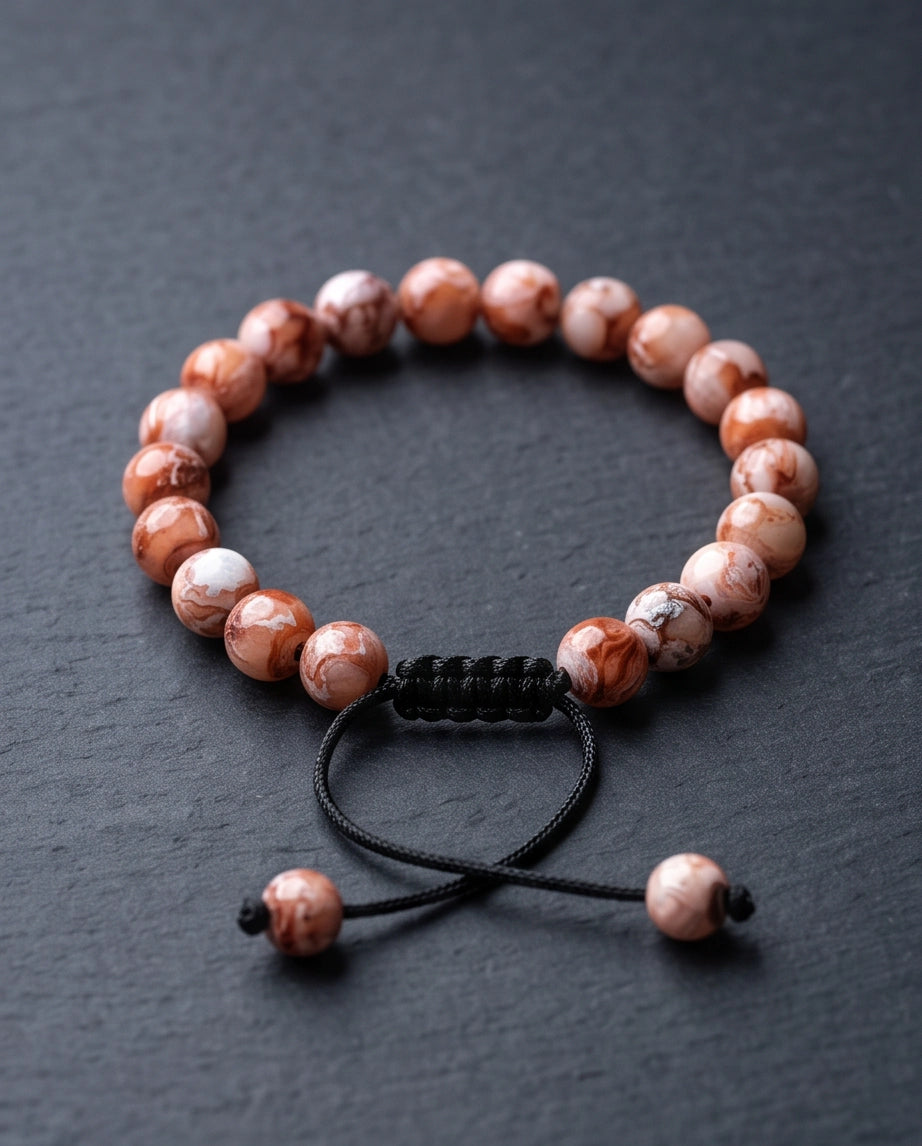 Red Agate Marbled Stone Beaded Adjustable Macrame Bracelet