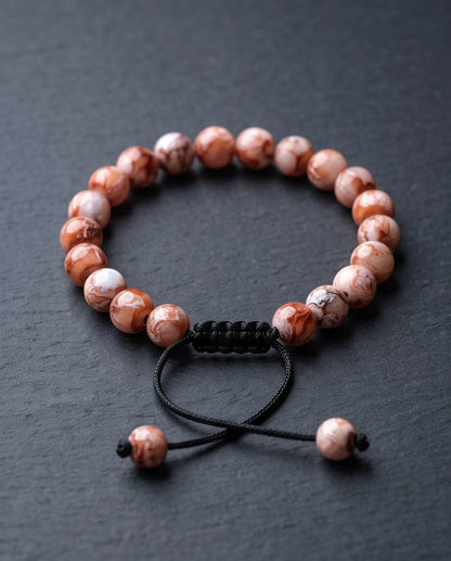 Red Agate Marbled Stone Beaded Adjustable Macrame Bracelet