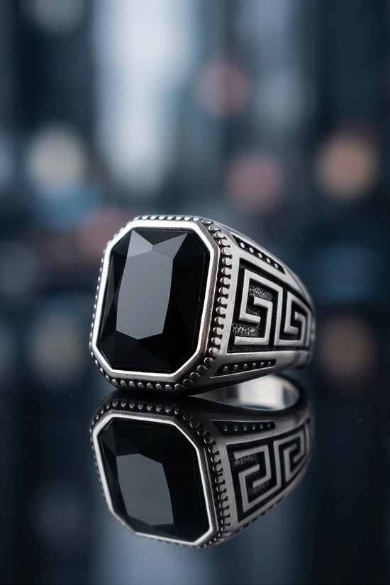 Vintage Greek Key Black Onyx Gemstone Ring